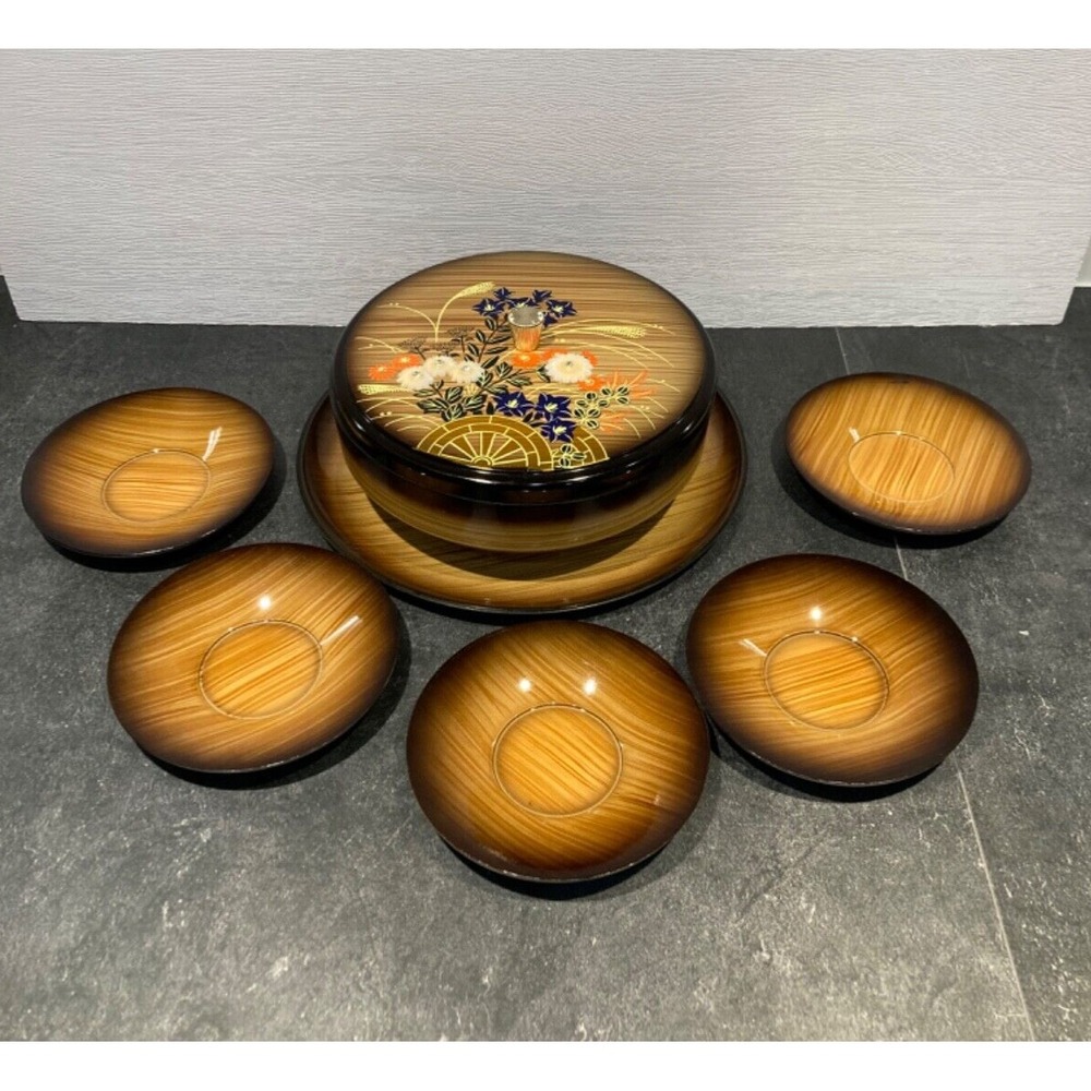 50s Japanese Lacquerware Lidded Bowl Kashiki w/Small Side Dishes Vtg MCM